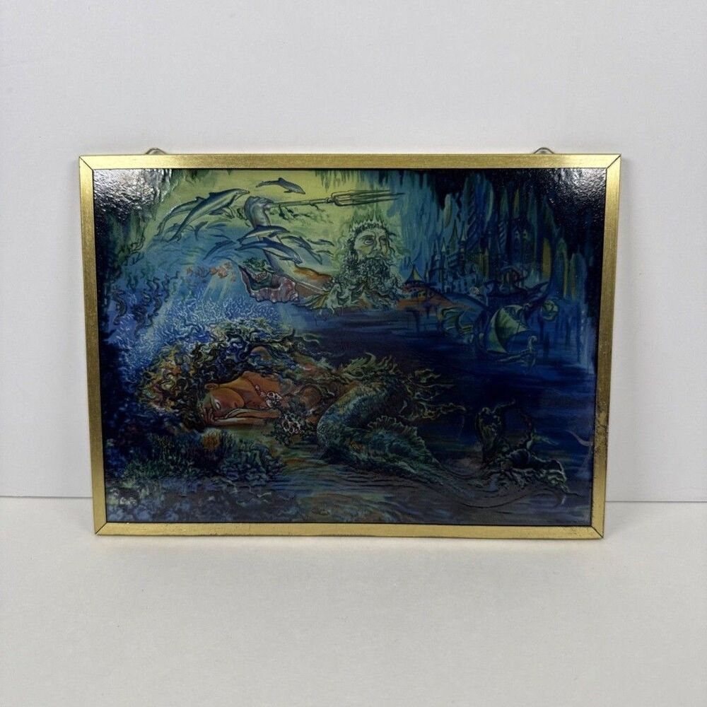 Glassmasters Mermaid King Neptune Stained Glass Art Suncatcher Gold Frame 5x7